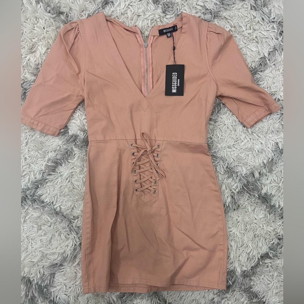 Pink Plunge Corset Tie Denim Dress size 6 - Picture 3 of 7